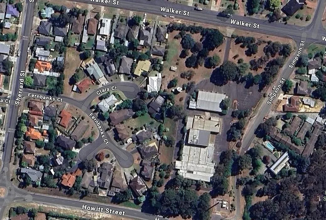 Overhead view of the former WIN Television studio site between Walker St and Howitt St, Ballarat North, before demolition