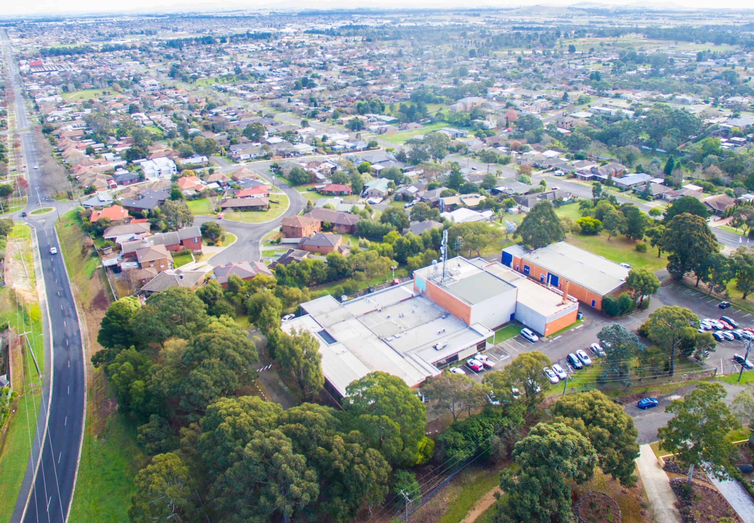 Aerial view of the former WIN Television (BTV-6) studio complex at 207 Walker St, Ballarat North, prior to demolition
